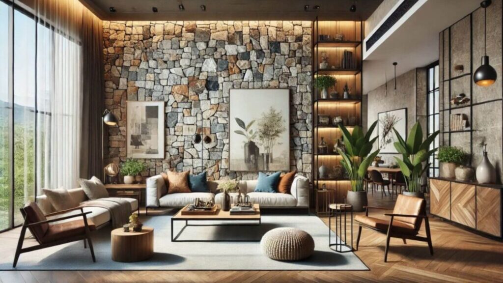 A stunning feature wall showcasing natural stone cladding tiles in a modern living room, adding elegance and texture to the interior.