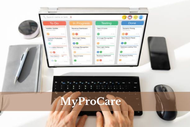 MyProCare childcare management system dashboard displayed on a laptop.