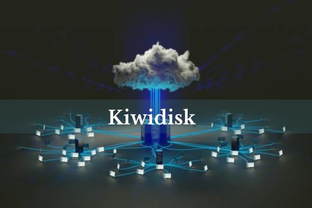 A laptop displaying the Kiwidisk interface with cloud storage icons.